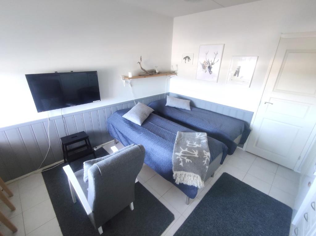 een woonkamer met een blauwe bank en een tv bij Leviloma - 21m2 A - Levi majoitus loma-asunto Levistar huoneisto - Levi accommodation Levistar apartment in Levi