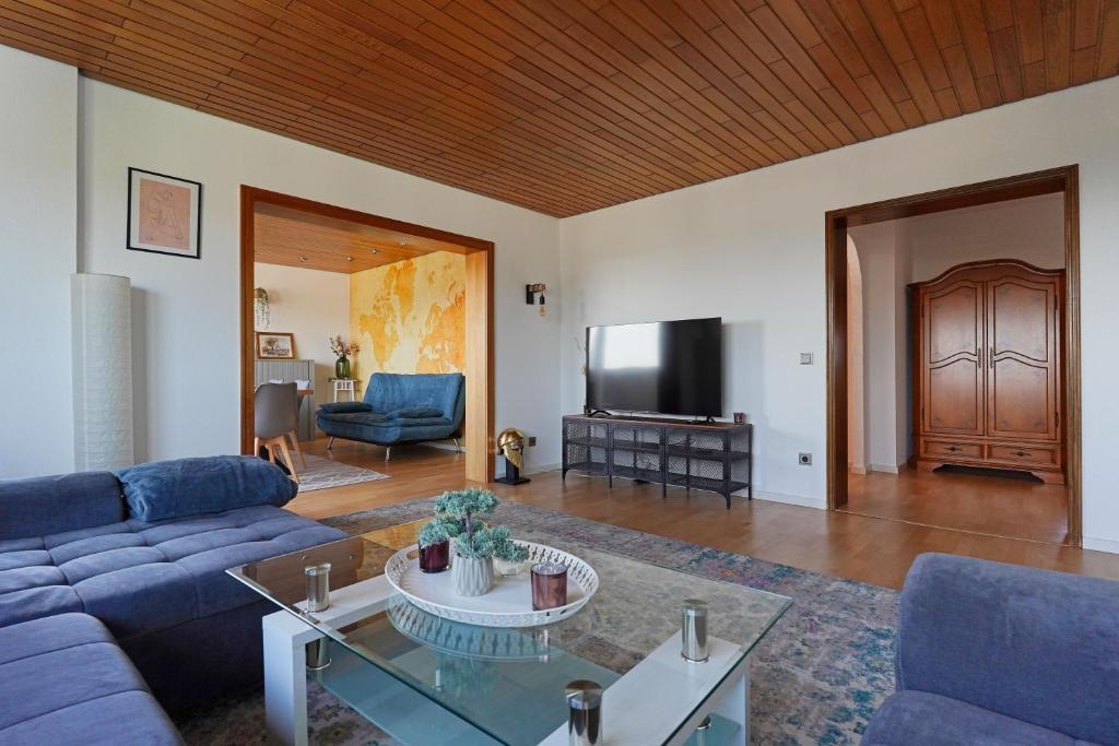a living room with a blue couch and a tv at Tolle Wohnung mit Panoramablick in Weinheim