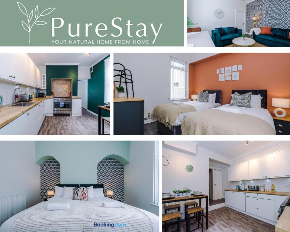 a collage of three pictures of a bedroom and a living room at Fantastic Four Bedroom Family Home By PureStay Short Lets & Serviced Accommodation Merseyside Liverpool in Liverpool