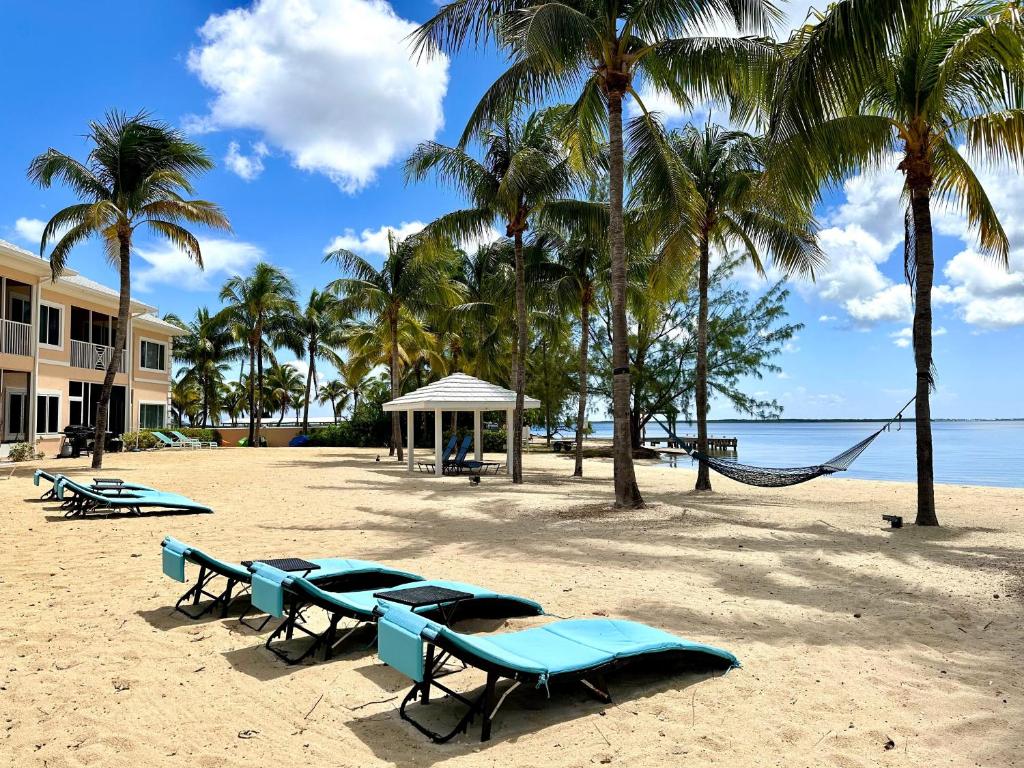 a beach with hammocks and palm trees and the ocean at Callie Kai at Kaibo Yacht Club in Driftwood Village