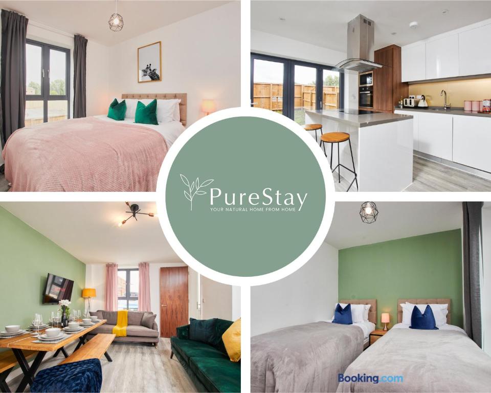 eine Collage mit Fotos von einem Schlafzimmer und einem Wohnzimmer in der Unterkunft Perfect for Business Stays in Manchester - 5 Bedroom House By PureStay Short Lets & Serviced Accommodation in Manchester