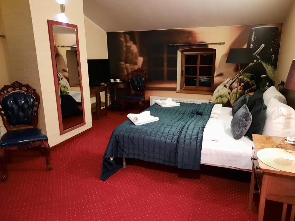 Pokój hotelowy z łóżkiem i lustrem w obiekcie Hotel Spichrz w mieście Borcz