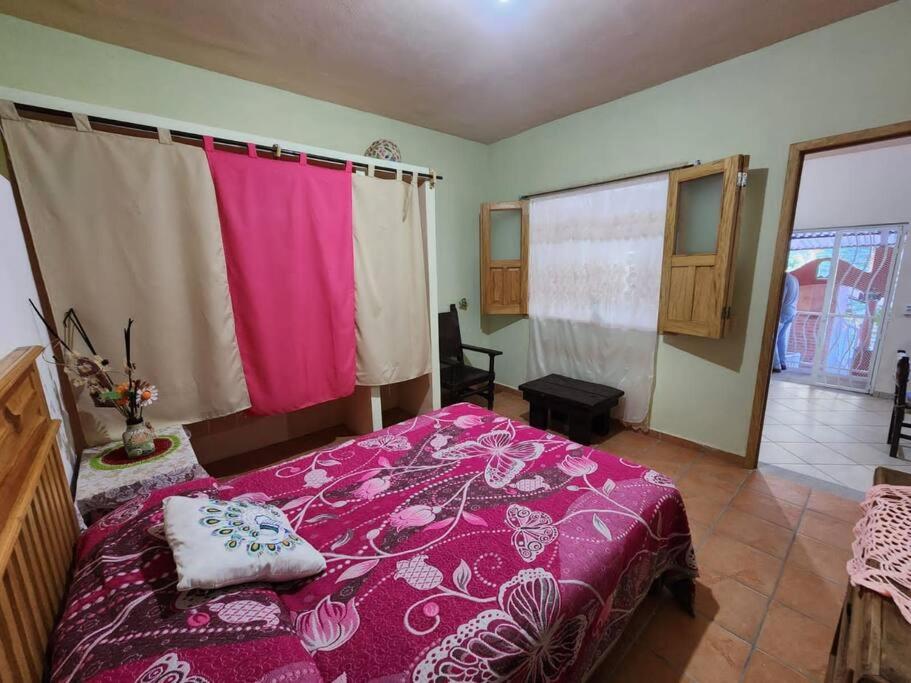 Casa guacamaya, cómoda casa cerca del río في بويرتو فايارتا: غرفة نوم بسرير ولحاف بنفسجي