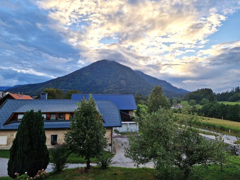 a house with a mountain in the background at Cosy apartment in Arnoldstein with garden in Arnoldstein