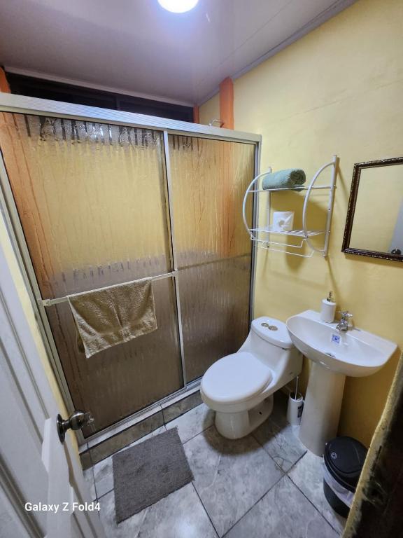 uma casa de banho com um chuveiro, um WC e um lavatório. em Inf casa vacacional 