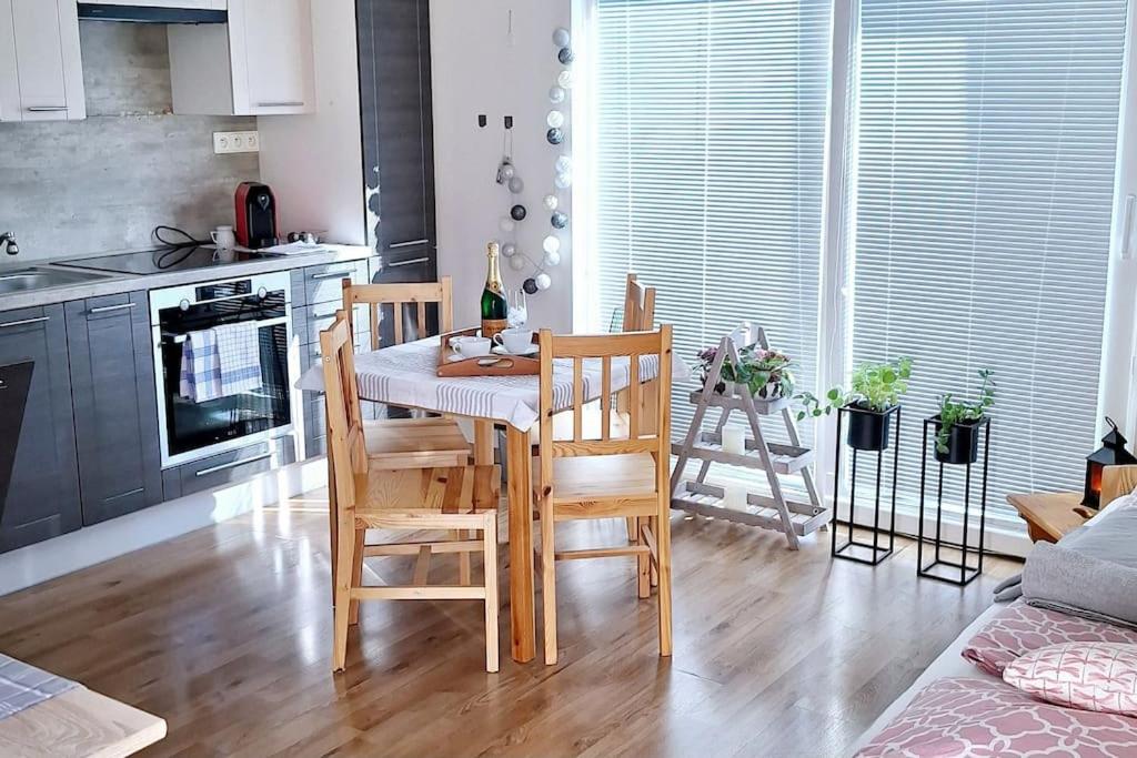 een keuken met een tafel en stoelen bij Apartmán H&H na Vysočině in Střítež