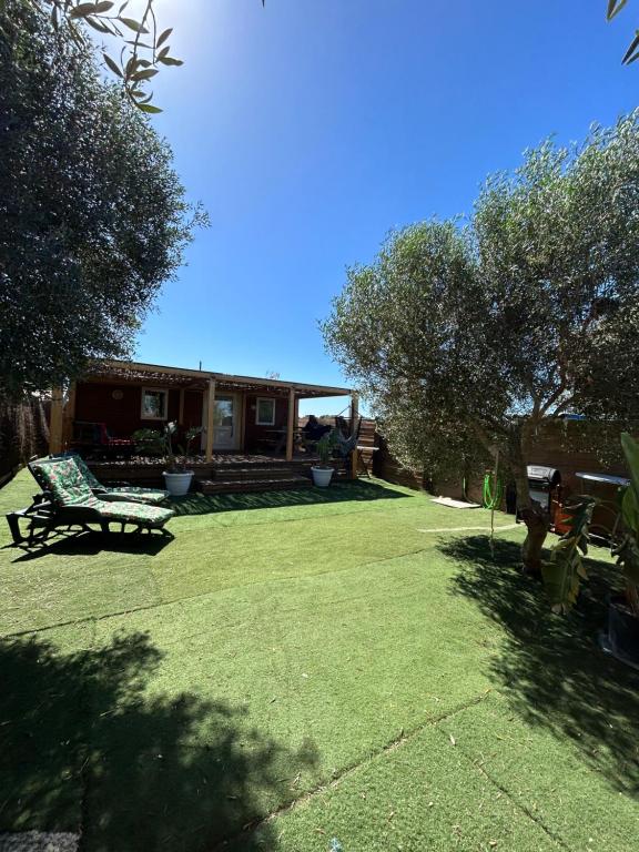 una casa con un cortile con panchina e alberi di LA ALMADRABA del Palmar de Vejer II a El Palmar
