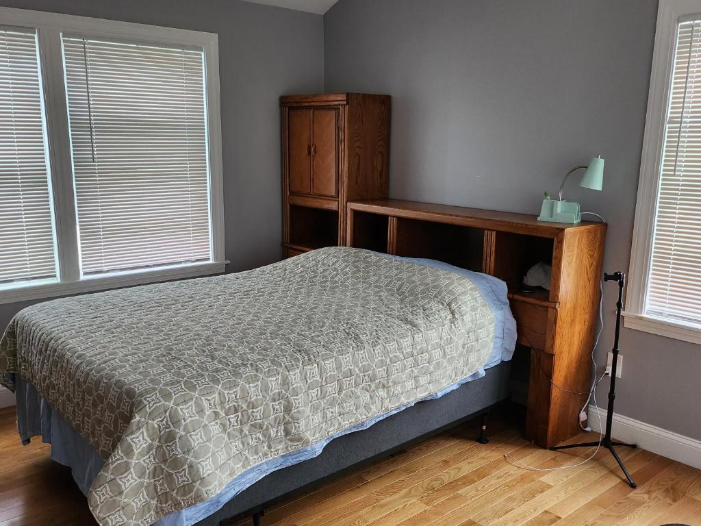 a bedroom with a bed and a dresser and two windows at RobbinsStreetWaltham in Waltham