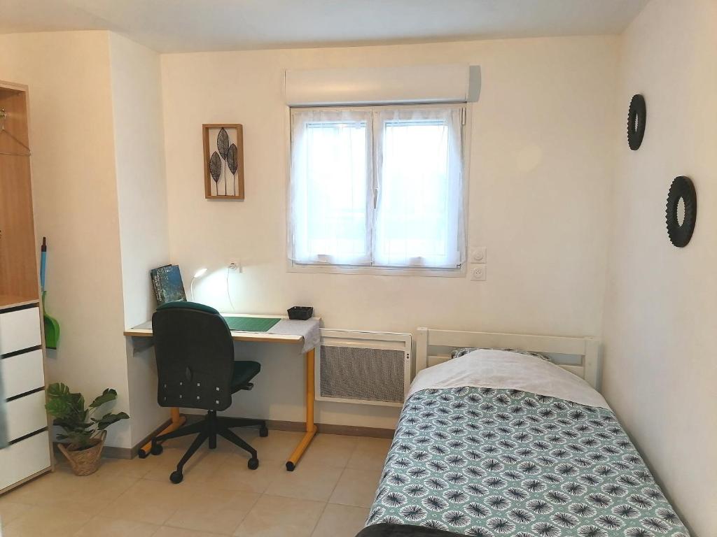 een slaapkamer met een bed, een bureau en een raam bij Studio meublée avec sanitaires douche kitchenette in Angers