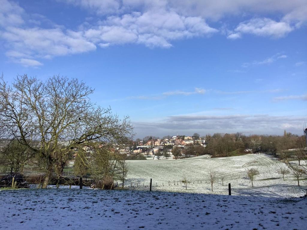 a field covered in snow with houses in the background at The Lodge in Bilzen