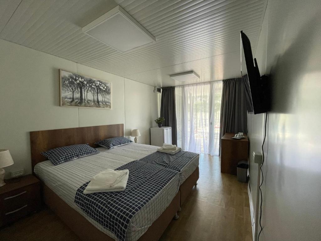 1 dormitorio con 1 cama y TV en Complex Turistic Emilio en Sviniţa