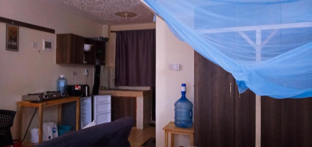 a living room with a blue curtain over a door at Aim Furnished Homes in Mtwapa near Beach in Mtwapa