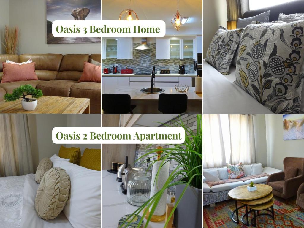 a collage of photos of a living room and kitchen at Oasis Self-Catering in Swakopmund