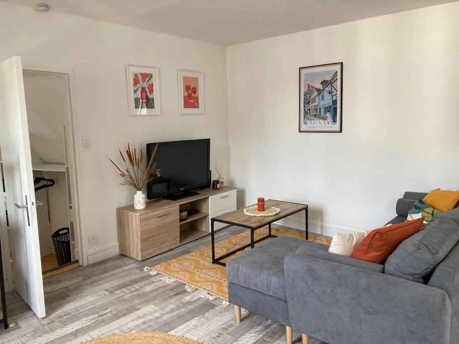 a living room with a couch and a tv at Bel appartement hyper centre in Bernay