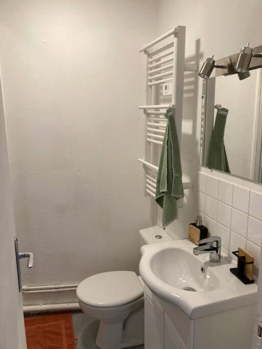 a white bathroom with a toilet and a sink at Bel appartement hyper centre in Bernay