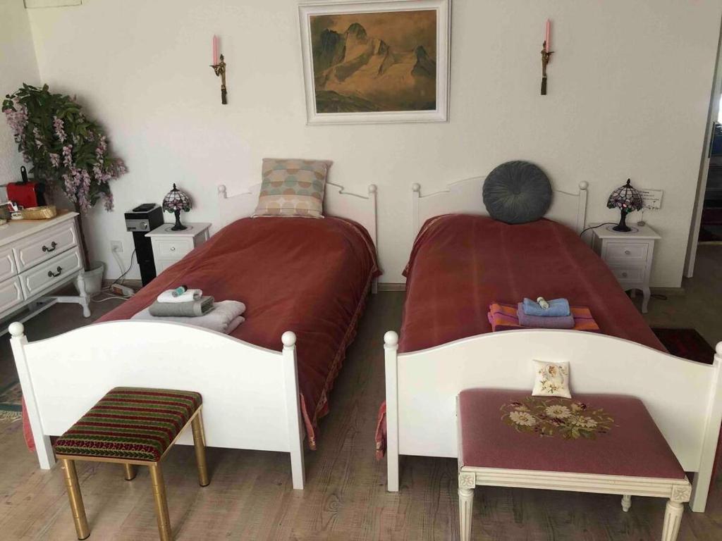 - une chambre avec 2 lits, une table et des chaises dans l'établissement Double room in nice house near the forest (basement floor), à Brügg
