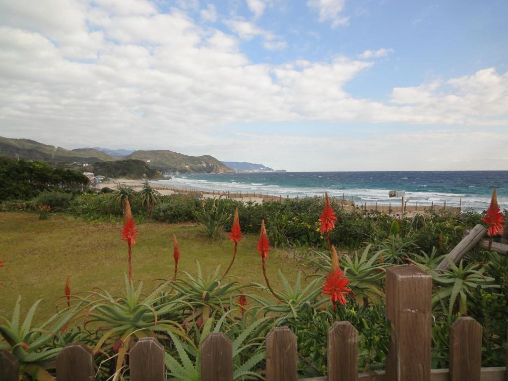 a fence with red flowers in front of a beach at Hotel Izukyu in Shimoda