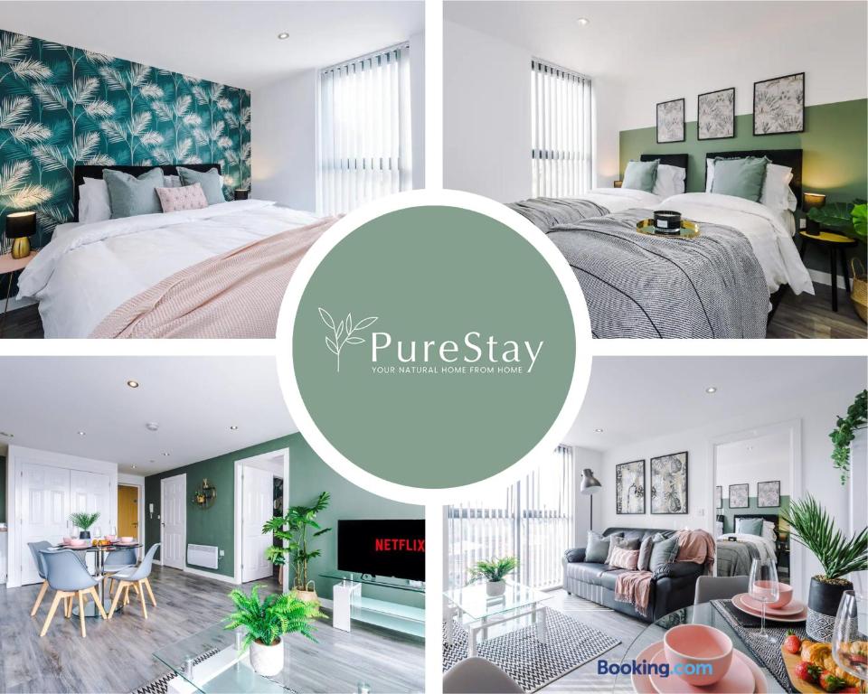 a collage of photos of a bedroom and a living room at Stunning Two Bed Apartment By PureStay Short Lets & Serviced Accommodation Manchester With Free Parking & WiFi in Manchester