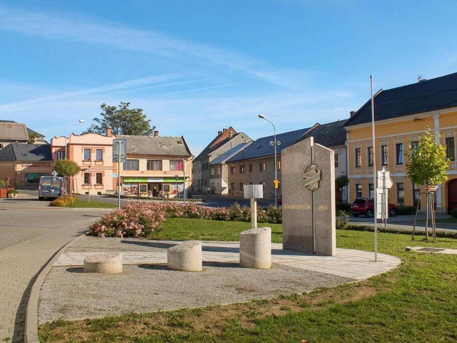 a street with houses and a clock in a town at Ubytování v podzámčí in Úsov