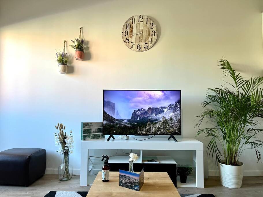 uma sala de estar com televisão e um relógio na parede em Le cocon marnais - appart 2P em Villiers-sur-Marne