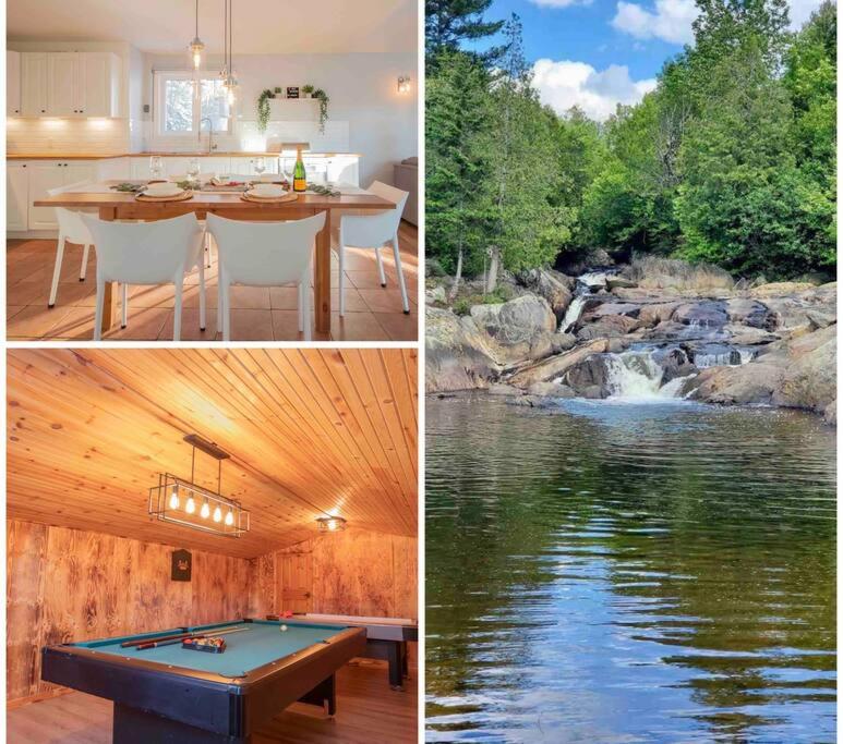 three pictures of a house with a pool table and a waterfall at Chalet BIA - Le Petit Chaleureux in Ham Nord