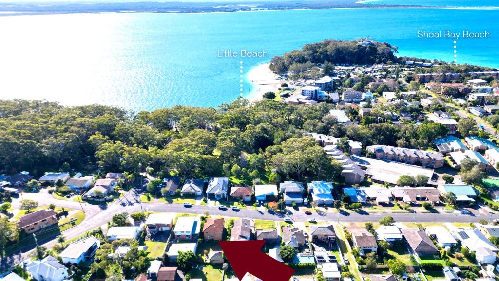 an aerial view of a small town by the water at Location @ Little Beach in Nelson Bay