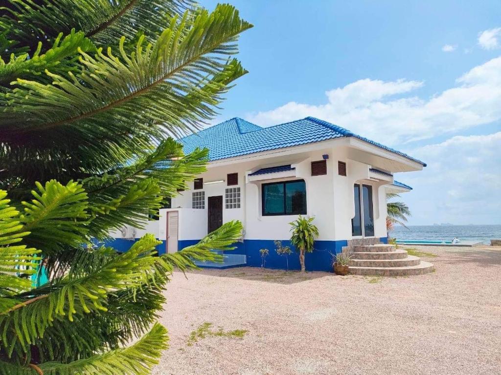 a house on the beach with a palm tree at MD Pool Villa Chumphon in Ban Tha Samet (1)