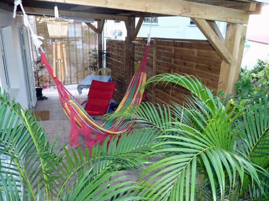 a hammock in the middle of a garden at Logement dans un lieu calme et verdoyant à proximité de tout avec Jacuzzi!!! in Basse-Terre