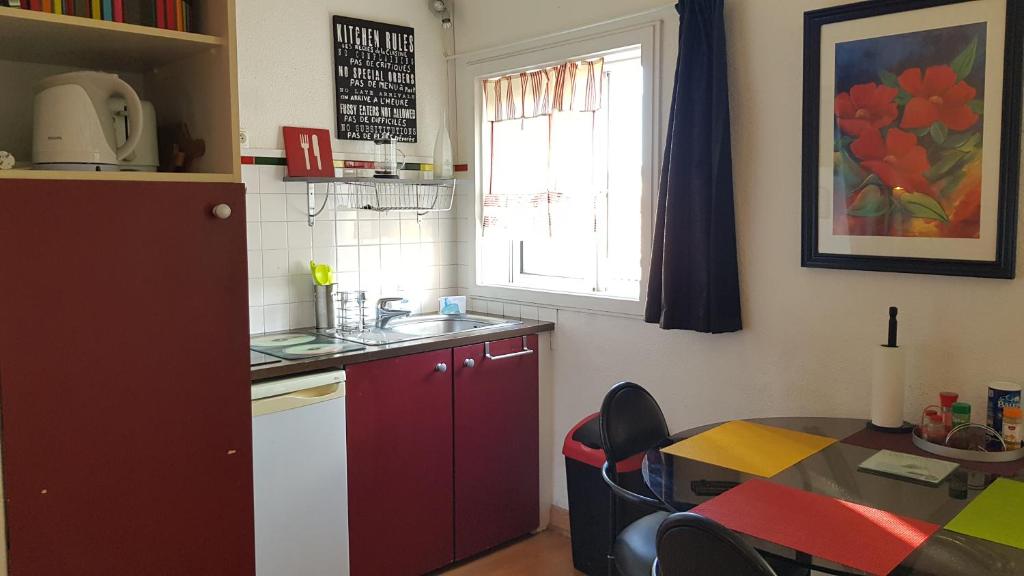 une cuisine avec un évier, une table et une fenêtre dans l'établissement Un pied à terre, à Carcassonne