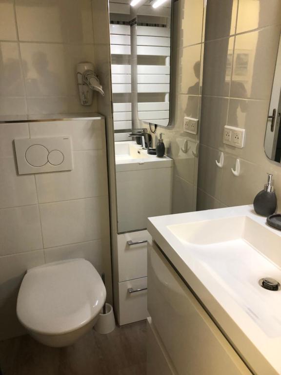 a bathroom with a white toilet and a sink at Soleil 2023 in Antibes