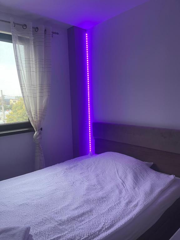 1 dormitorio con 1 cama con luz morada en Garsoniera Luca en Drobeta-Turnu Severin