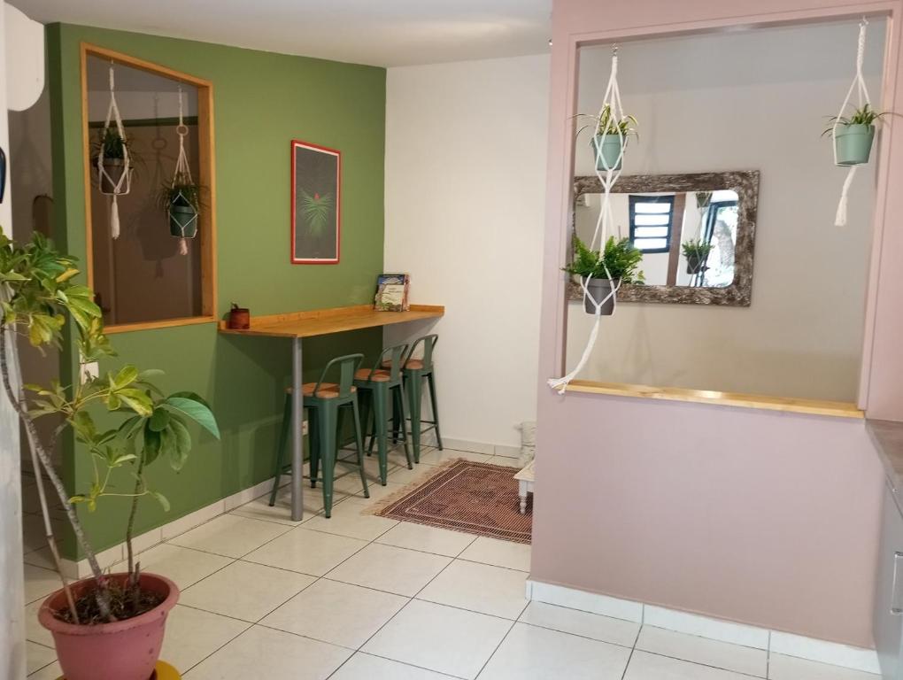 un pasillo con un bar con paredes verdes en Charme et sérénité pour NON FUMEURS uniquement !, en Saint-Pierre