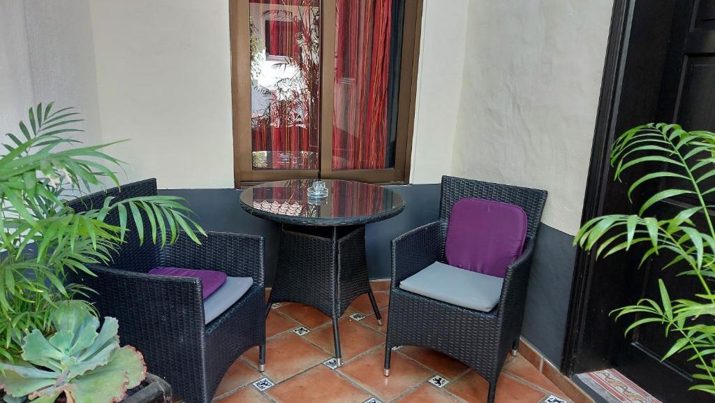 a table and chairs in a room with plants at Aptos Monasterio de San Antonio 2 in Icod de los Vinos