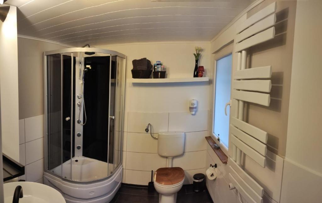 een badkamer met een glazen douche en een toilet bij Ferienhaus Rogge-Hof in Lunow