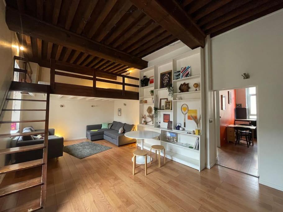 un salon avec un lit mezzanine et un canapé dans l'établissement Joli Canut - proche de Fourvière - 6 couchages, à Lyon