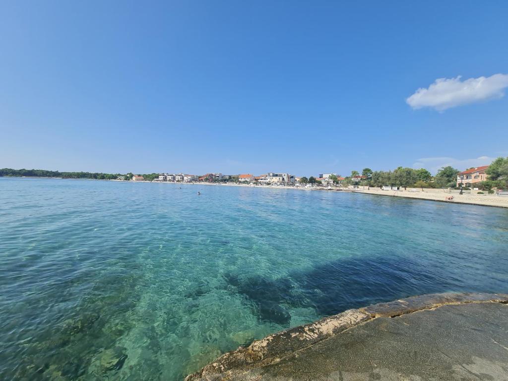 een grote hoeveelheid water met een strand op de achtergrond bij Apartmani Jadro in Vir