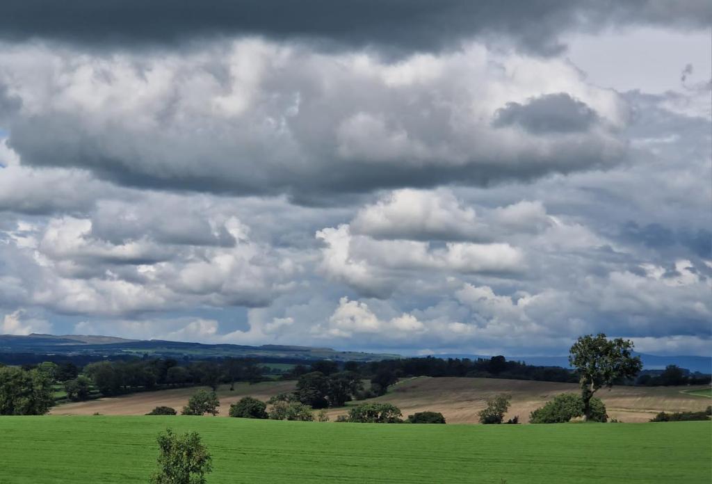 a large green field under a cloudy sky at Splendid View Caravan in Gisburn