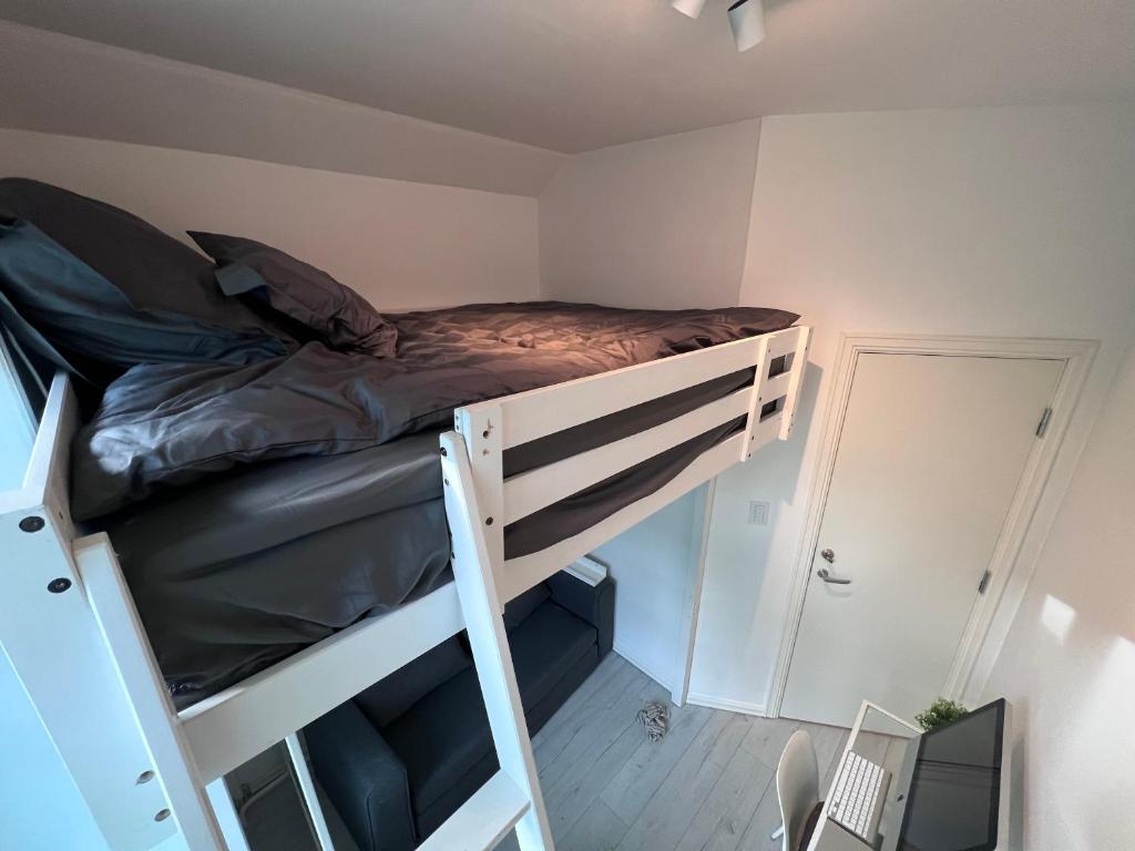 a bunk bed in a small room with a ladder at Cozy room with smart solutions Grunerløkka Central in Oslo