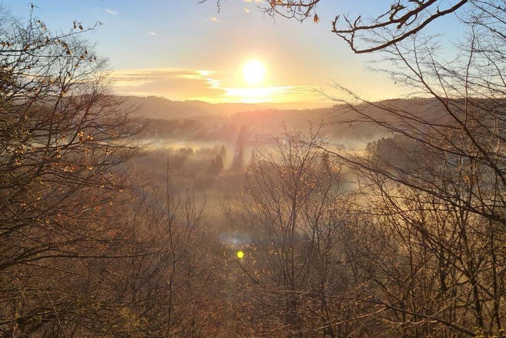 un amanecer sobre un campo de niebla con el sol en el fondo en Ferienwohnung Casa Alotto en Windeck