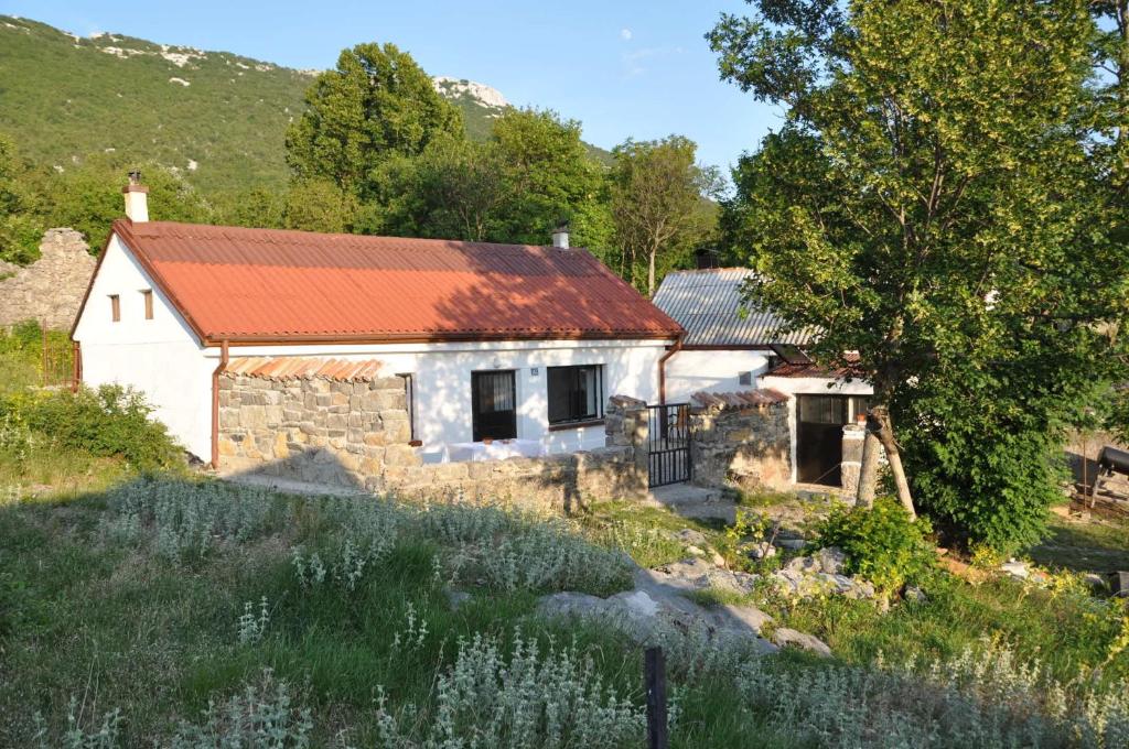 una antigua casa de piedra con techo rojo en Mountain Cottage Mons Baebius, en Starčevića Podi