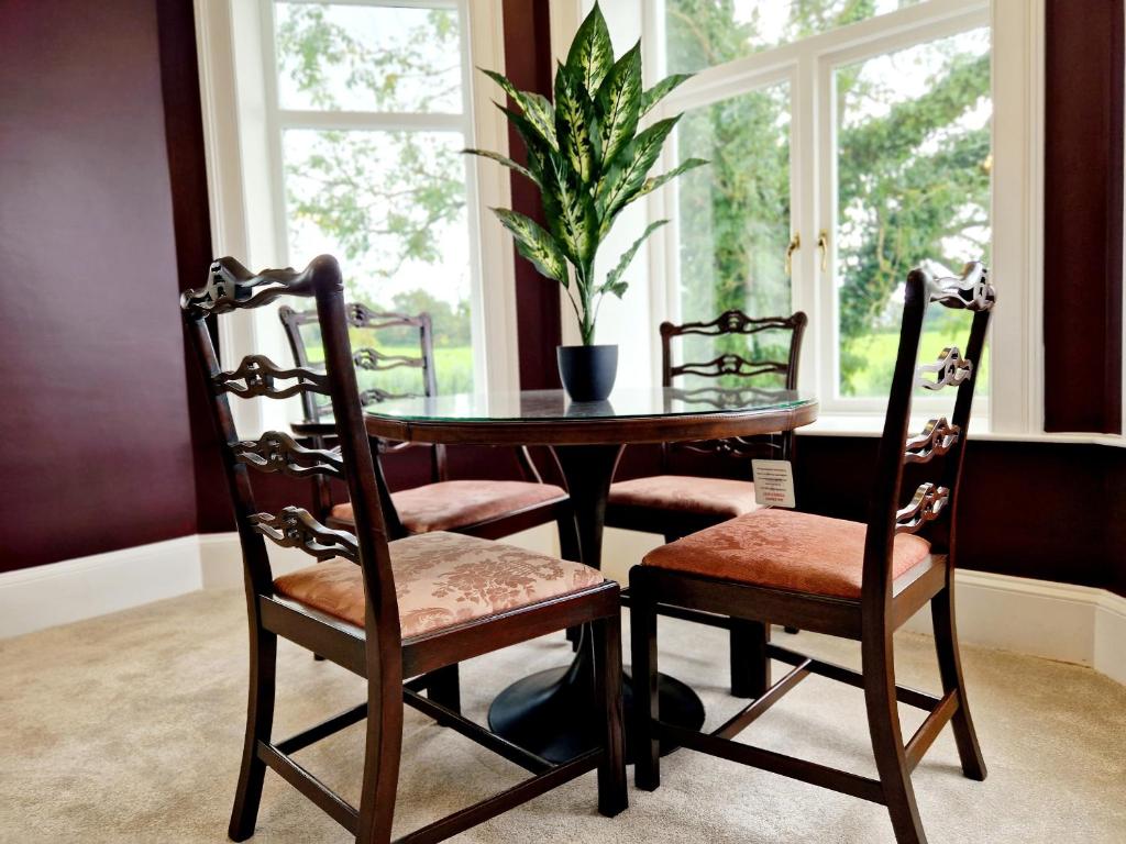 a dining room table with two chairs and a potted plant at Alexander in Preston