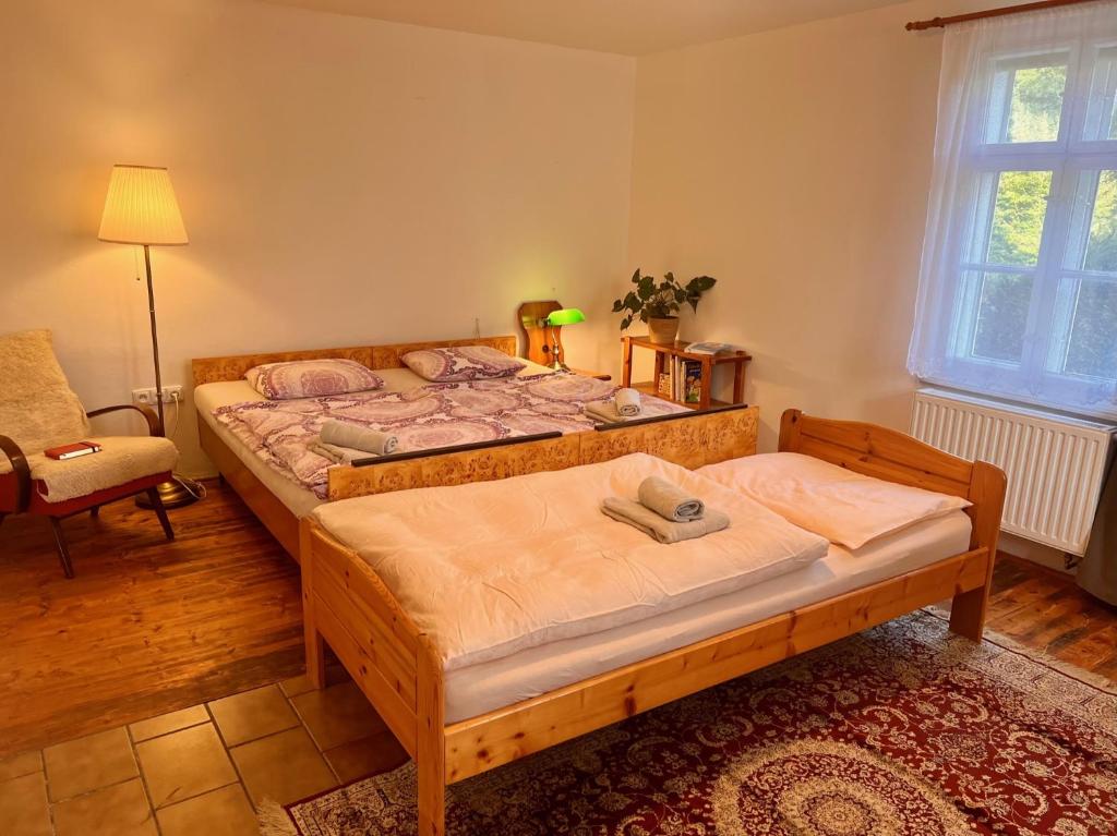 a bedroom with two twin beds and a chair at Roubenka Jeseníky in Břidličná