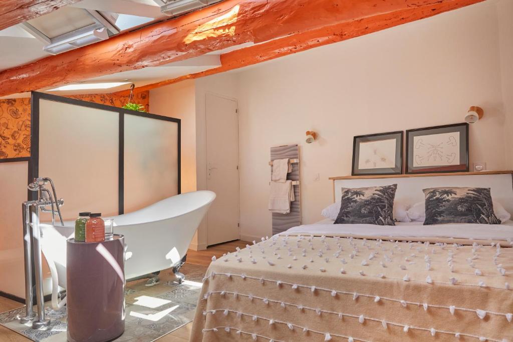 Remarkable flat in the historical part of Beziers في بيزييه: غرفة نوم مع سرير وحوض استحمام