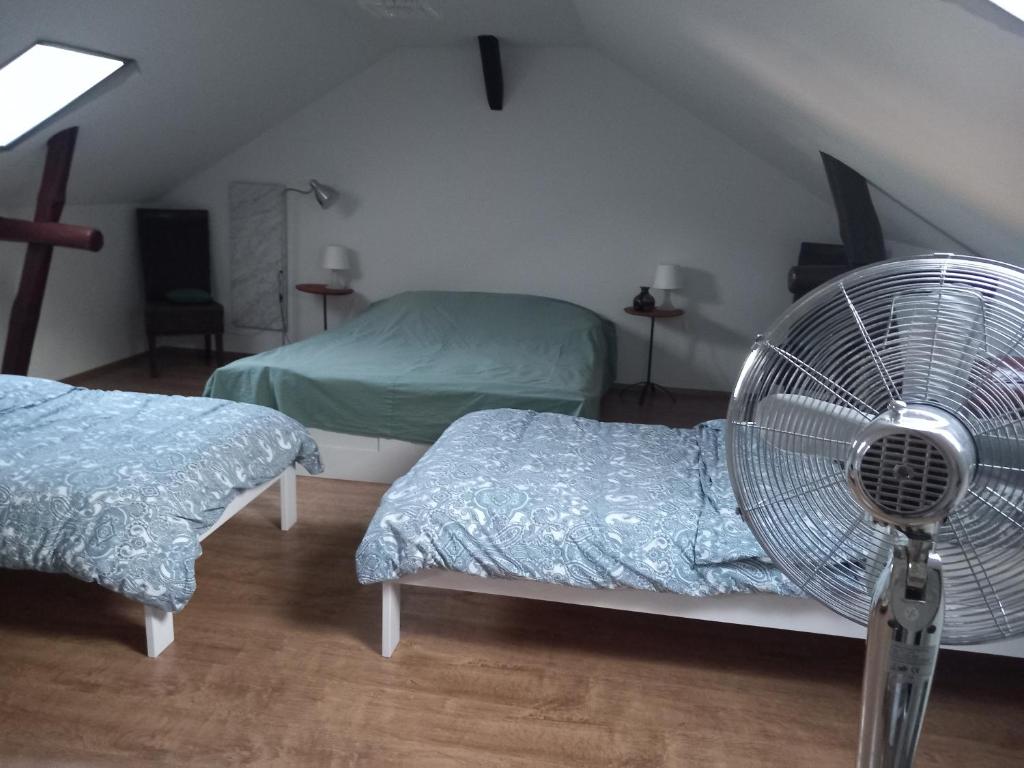a bedroom with two beds and a fan at Appartement für 4 Personen in Nürnberg in Nuremberg