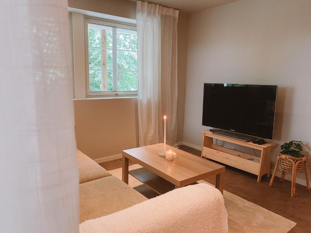 uma sala de estar com uma televisão e uma mesa em Cozy and newly renovated appartment em Kristiansand