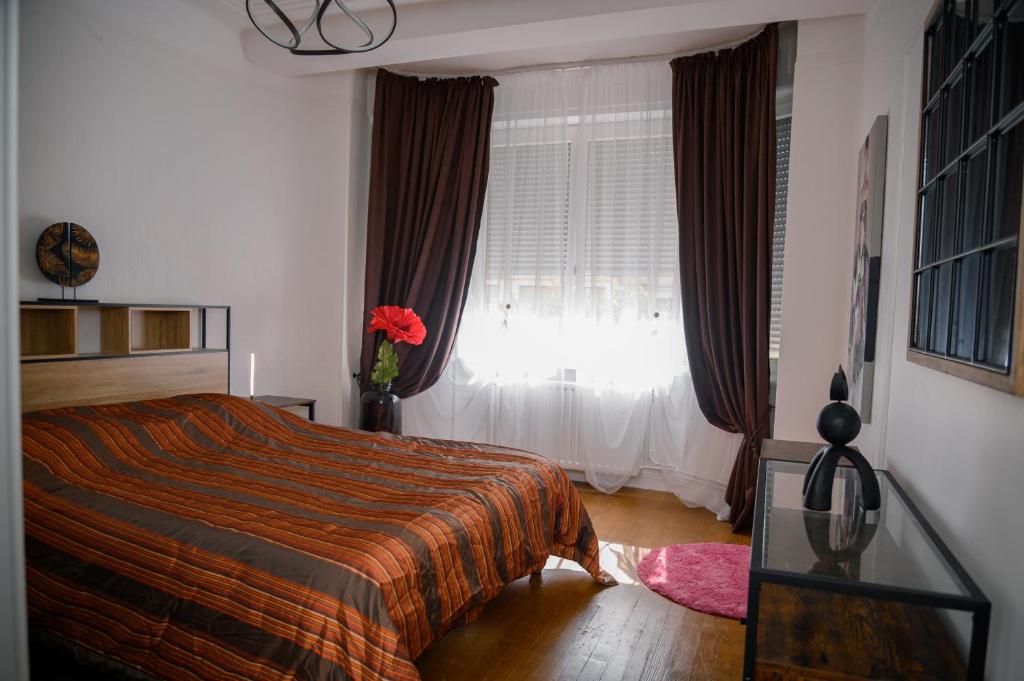 een slaapkamer met een groot bed en een raam bij Christophe in Basse-Yutz