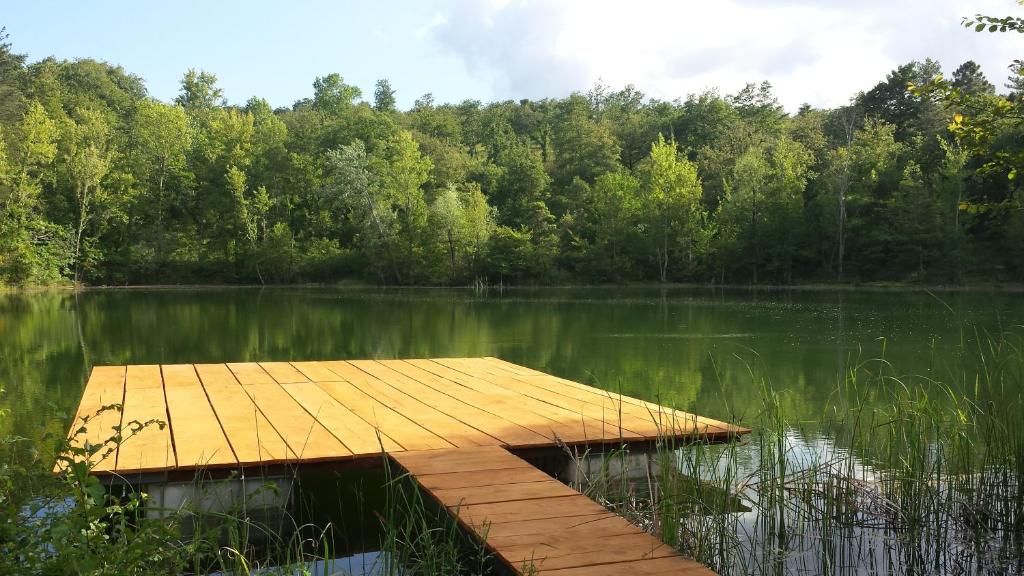 a wooden dock in the middle of a lake at Agricampeggio Madonna di Pogi in Bucine