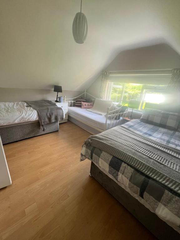 sypialnia z 2 łóżkami i oknem w obiekcie PINEBROOK BnB 1st Floor Apartment shared bathroom budget w mieście Killybegs