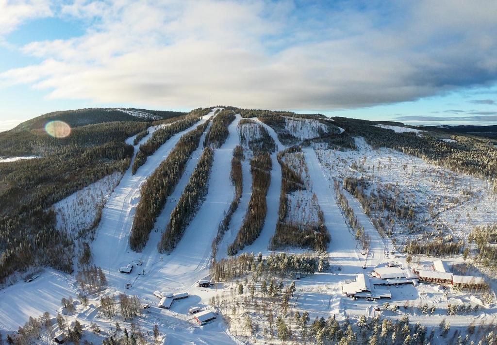 an aerial view of a snow covered mountain with trees at Hassela Ski Resort in Hassela