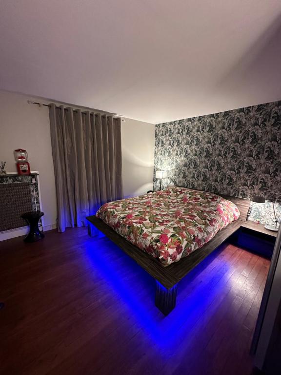 Un dormitorio con una cama con luces azules. en Chez Stéphanie et Sylvain, en Le Mesnil-Villeman